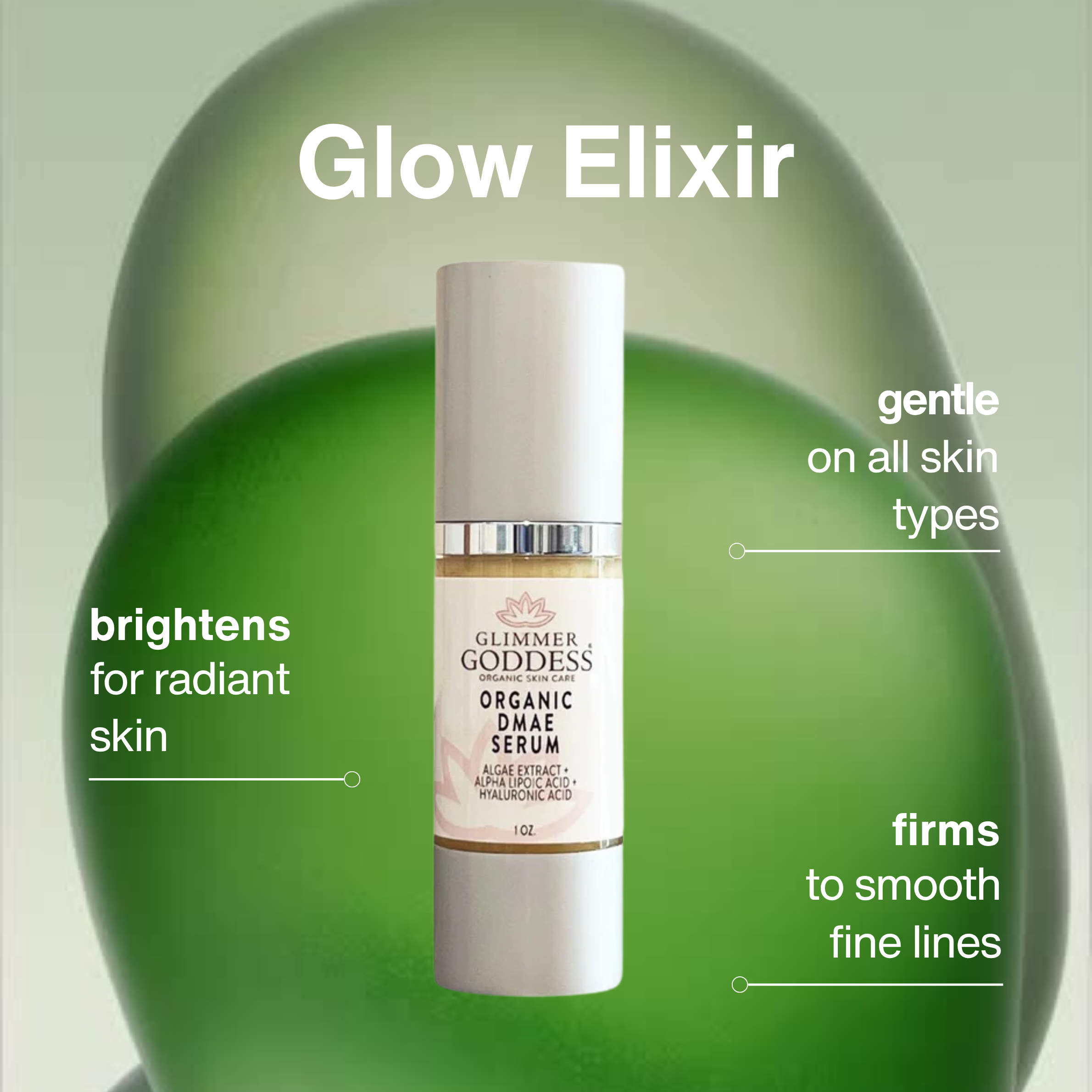 Organic DMAE Firming Serum with alpha lipoic acid for natural facelift and wrinkle reduction - Glimmer Goddess® Organic Skin Care