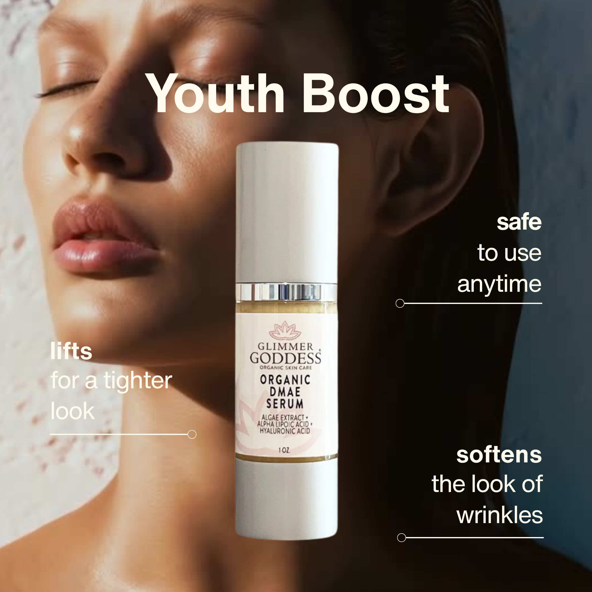 DMAE Serum benefits: firms sagging skin, lifts jowls, reduces wrinkles, tightens face - Glimmer Goddess® Organic Skin Care