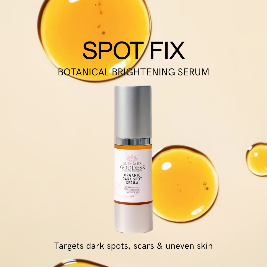 Organic Dark Spot Serum fades hyperpigmentation, age spots and acne scars for even skin tone - Glimmer Goddess® Organic Skin Care
