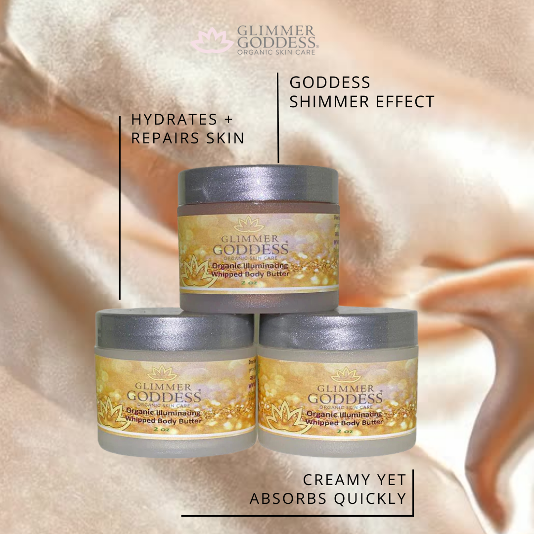 Organic Shimmering Body Butter Trio - 3 x 2 oz travel set in bronze, gold, diamond and rose gold - Glimmer Goddess® Organic Skin Care