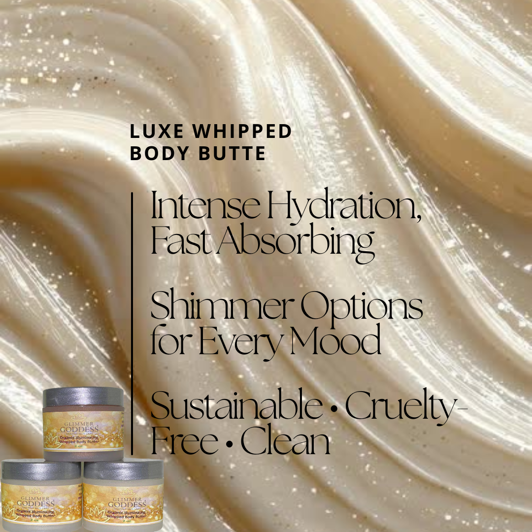 Shimmering Body Butter Trio benefits: travel-size shimmer collection, customizable glow, whipped texture - Glimmer Goddess® Organic Skin Care