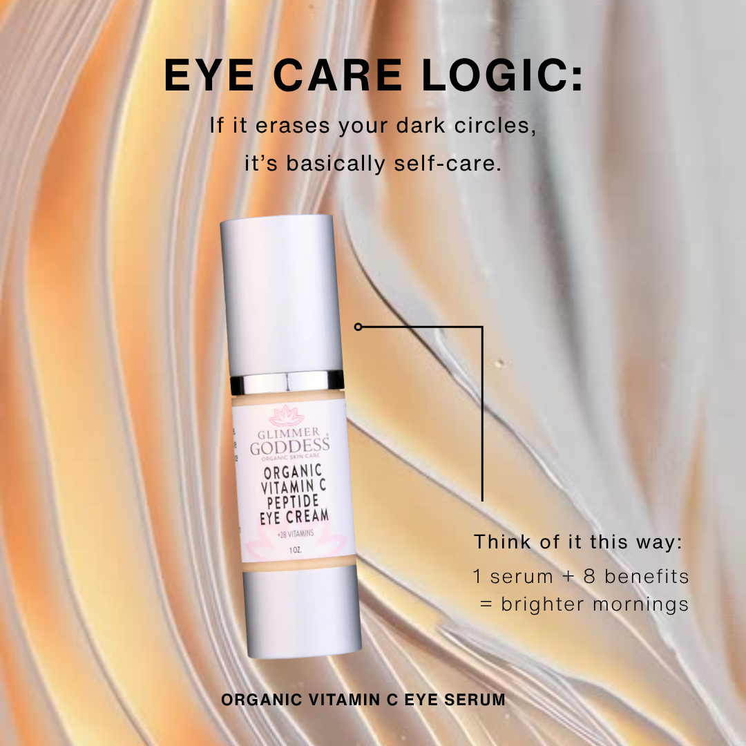 Organic Vitamin C eye serum by Glimmer Goddess for dark circles, puffiness, wrinkles, and bags around the eyes.
