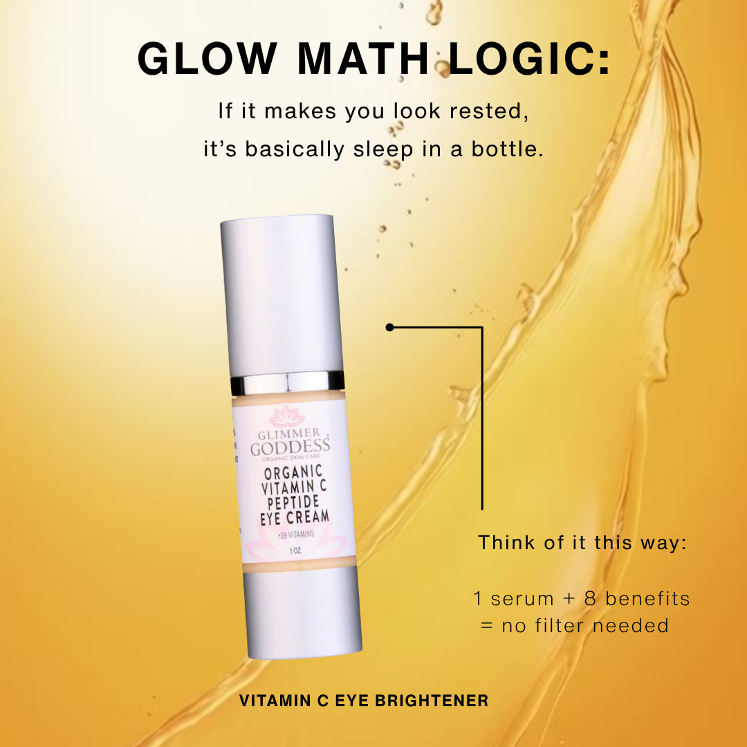 Organic Vitamin C Eye Serum for dark circles, puffiness, and wrinkles by Glimmer Goddess, featuring peptide eye cream for sensitive skin.