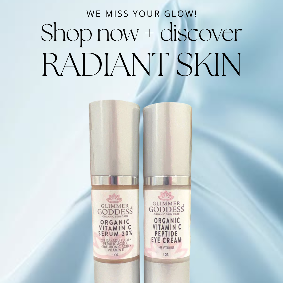 Organic Vitamin C Glow Duo with Vitamin C serum and peptide eye serum from Glimmer Goddess Organic Skin Care, displayed in sleek bottles.