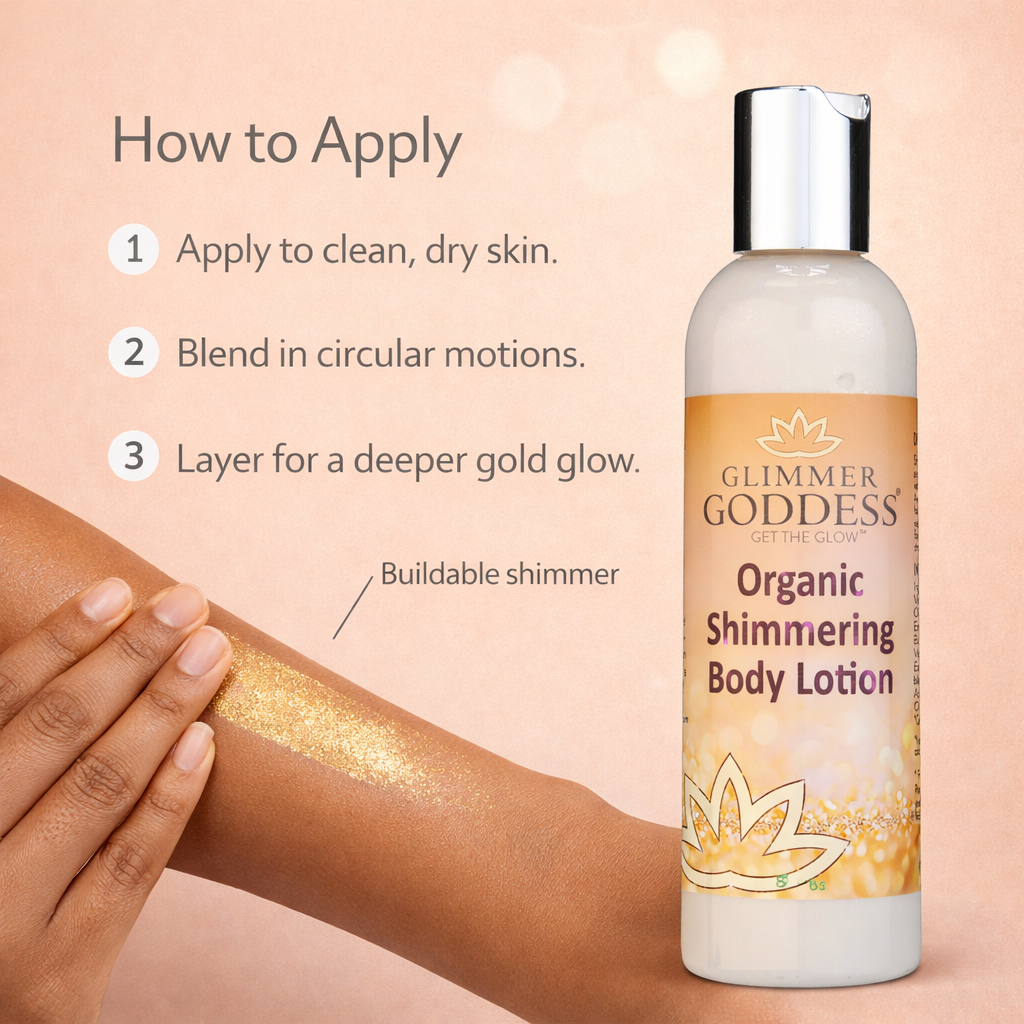 Organic gold shimmer body lotion by Glimmer Goddess® showcases its buildable luminous glow and application on skin.