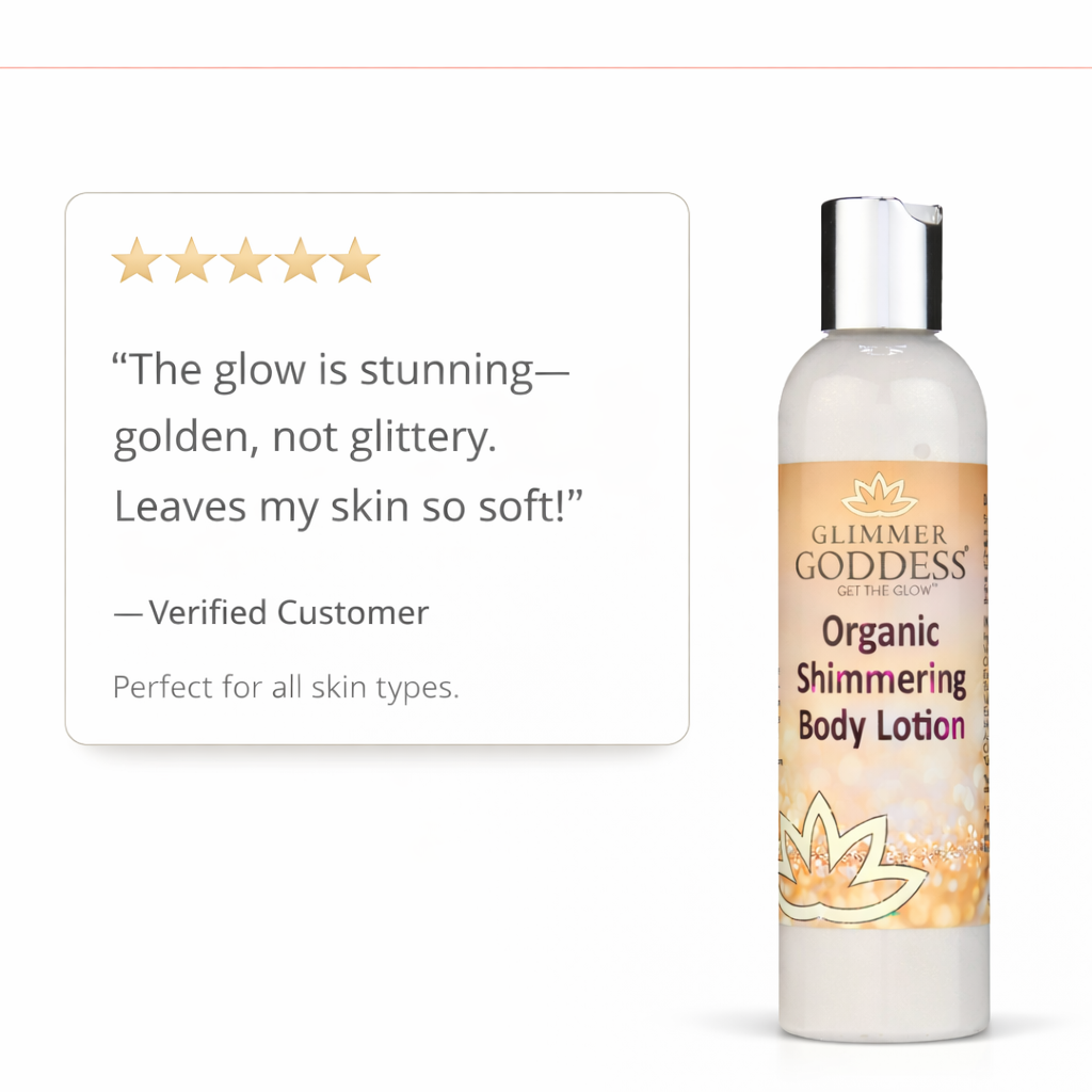 Organic Gold Shimmer Body Lotion by Glimmer Goddess® with luminous shimmer and buildable glow for radiant skin.