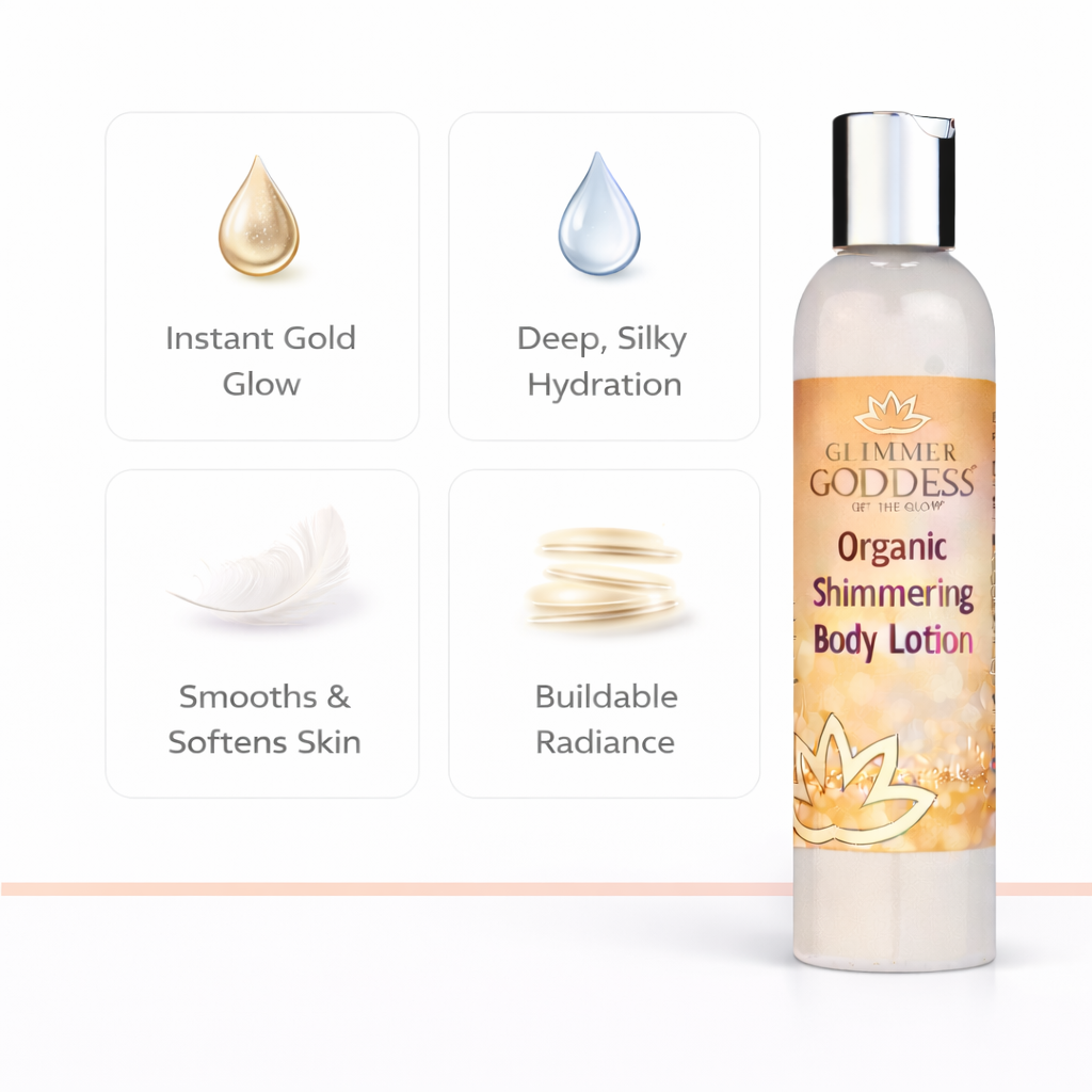 Glimmer Goddess Organic Gold Shimmer Body Lotion with luminous glow, creamy texture, and golden shimmer finish on skin.