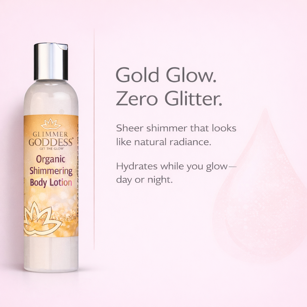 Glittering gold shimmer body lotion by Glimmer Goddess Organic Skin Care, showing the buildable luminous glow and elegant packaging.