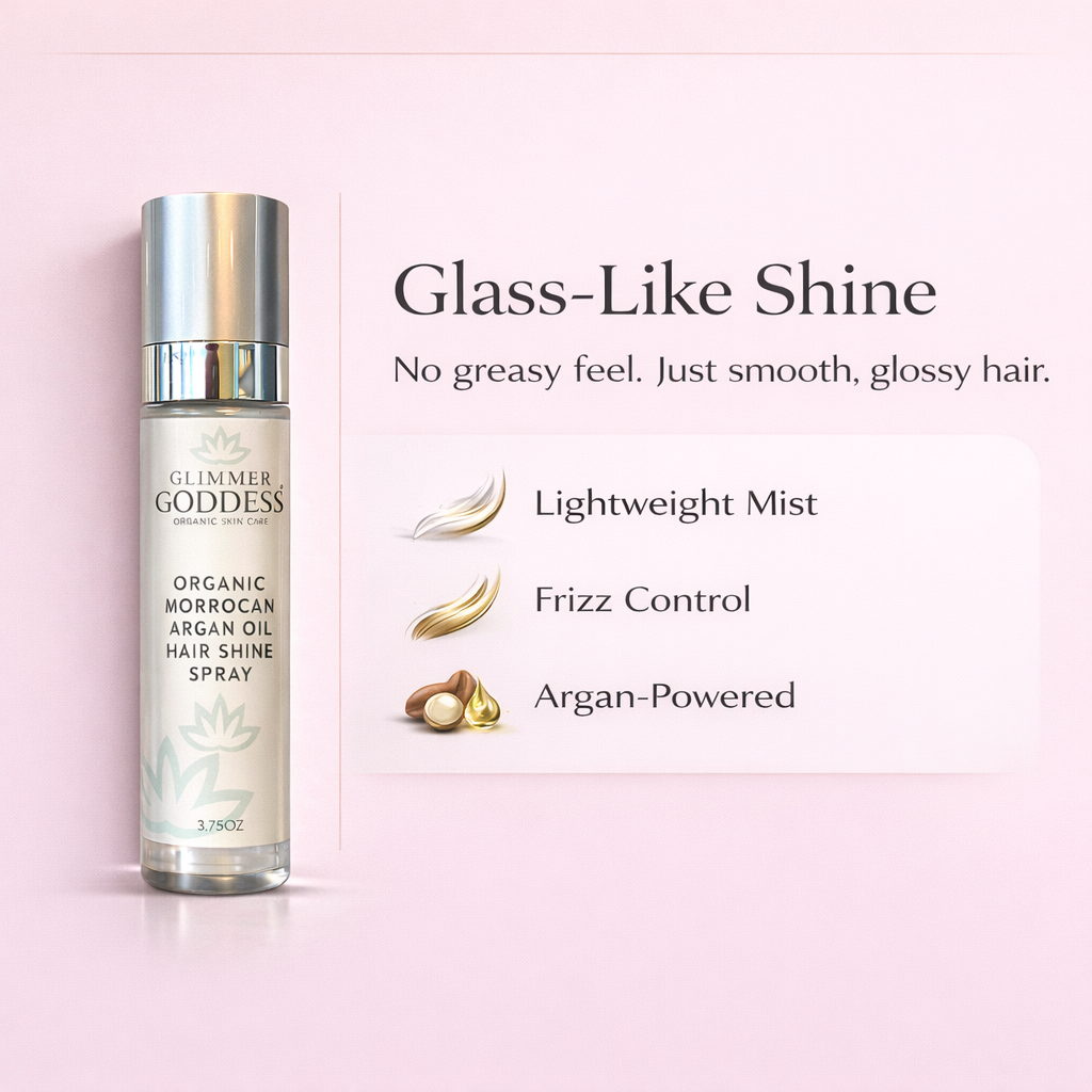 Glimmer Goddess Organic Moroccan Argan Oil Hair Shine Spray (3.75 oz) on a solid cotton candy pink background with a special call-out highlighting glass-like shine with a non-greasy feel, plus icons for lightweight mist, frizz control, and argan-powered hair smoothing.
