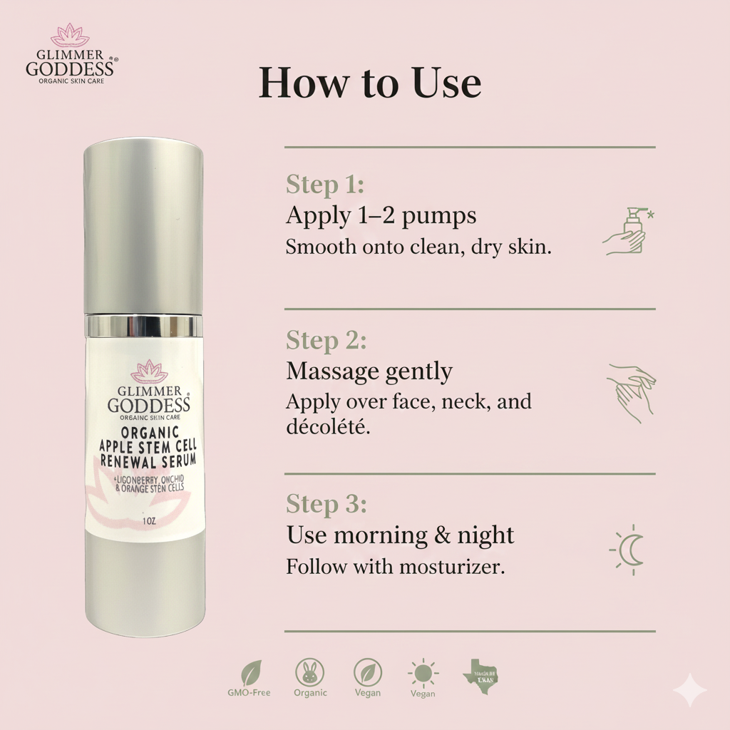 Glimmer Goddess organic skincare serum with usage instructions on a pink background