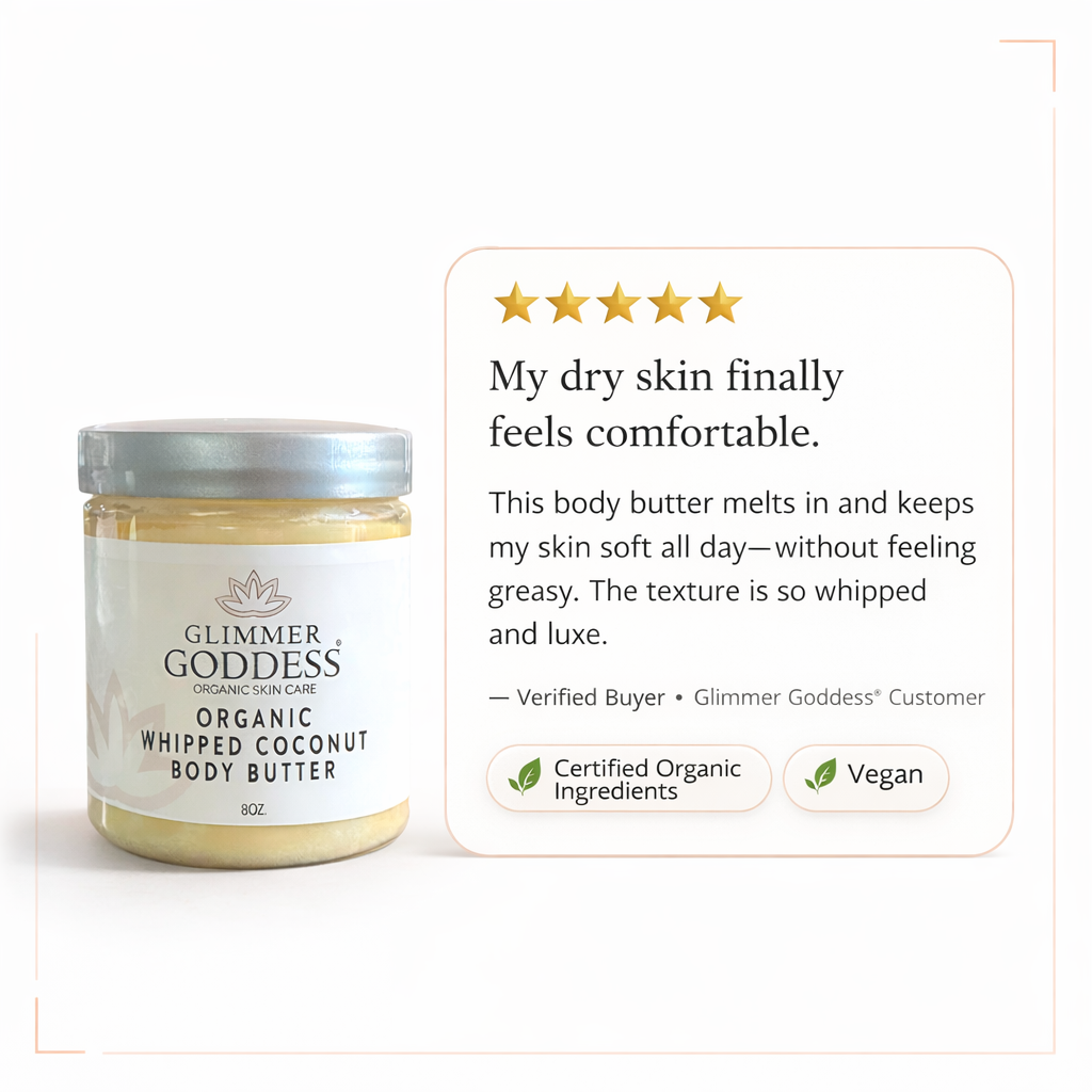 Glimmer Goddess® Organic Whipped Coconut Body Butter (8 oz) on a white background with peach corner trim, featuring a five-star customer testimonial review card highlighting deep moisture for dry skin and a non-greasy feel.