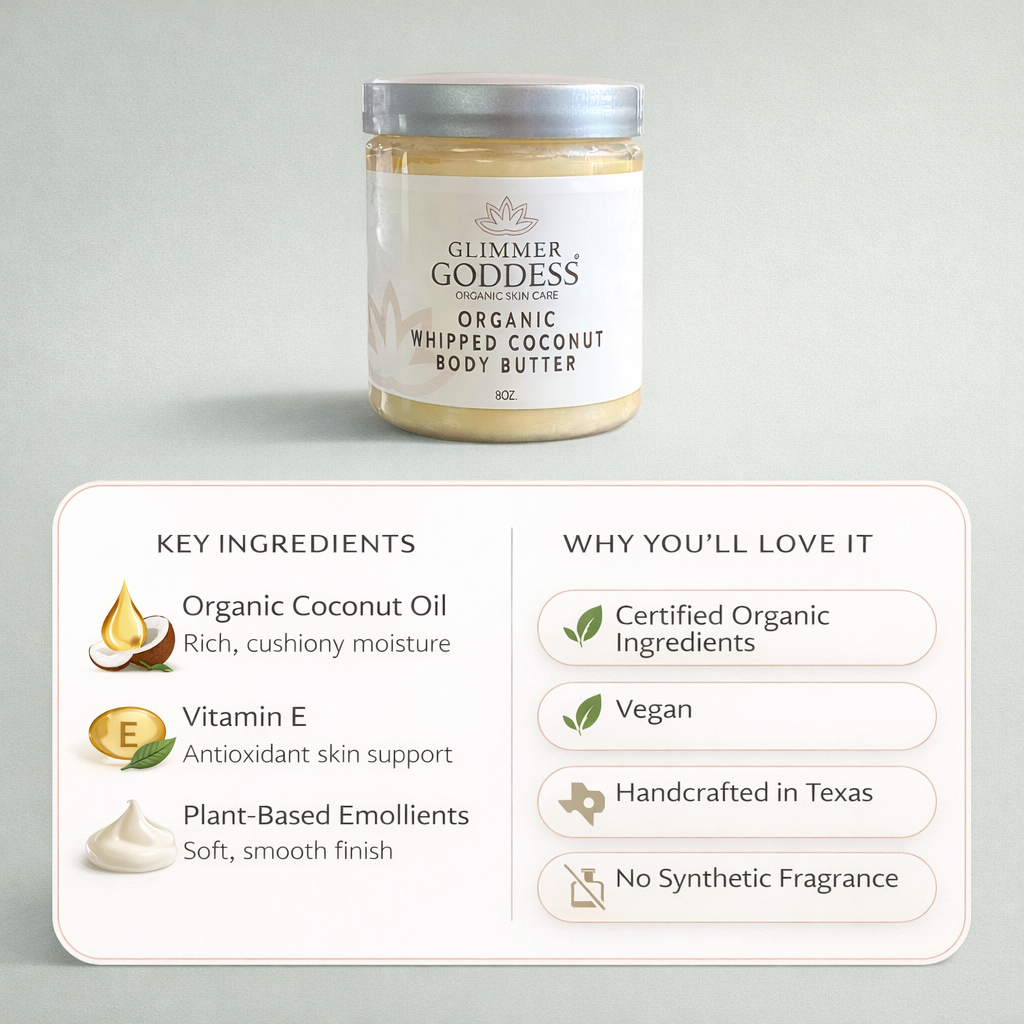 Ingredients and trust infographic for Glimmer Goddess® Organic Whipped Coconut Body Butter (8 oz) on a eucalyptus green background, highlighting organic coconut oil, vitamin E, plant-based emollients, and trust symbols including Certified Organic Ingredients, Vegan, Handcrafted in Texas, and No Synthetic Fragrance.