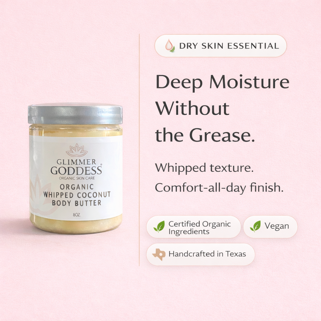 Special call-out image for Glimmer Goddess® Organic Whipped Coconut Body Butter (8 oz) on a cotton candy pink background, featuring the jar and bold text highlighting deep moisture without greasiness, plus trust cues: Certified Organic Ingredients, Vegan, and Handcrafted in Texas.