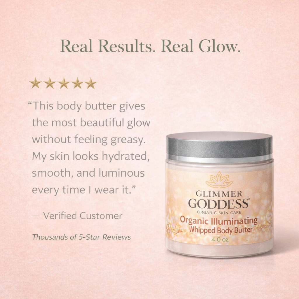Customer testimonial for Glimmer Goddess Organic Shimmering Body Butter on soft peach background featuring five gold stars and the 4 oz jar, highlighting luminous non-greasy glow and deep hydration from shea butter and cocoa butter, handcrafted in Texas.