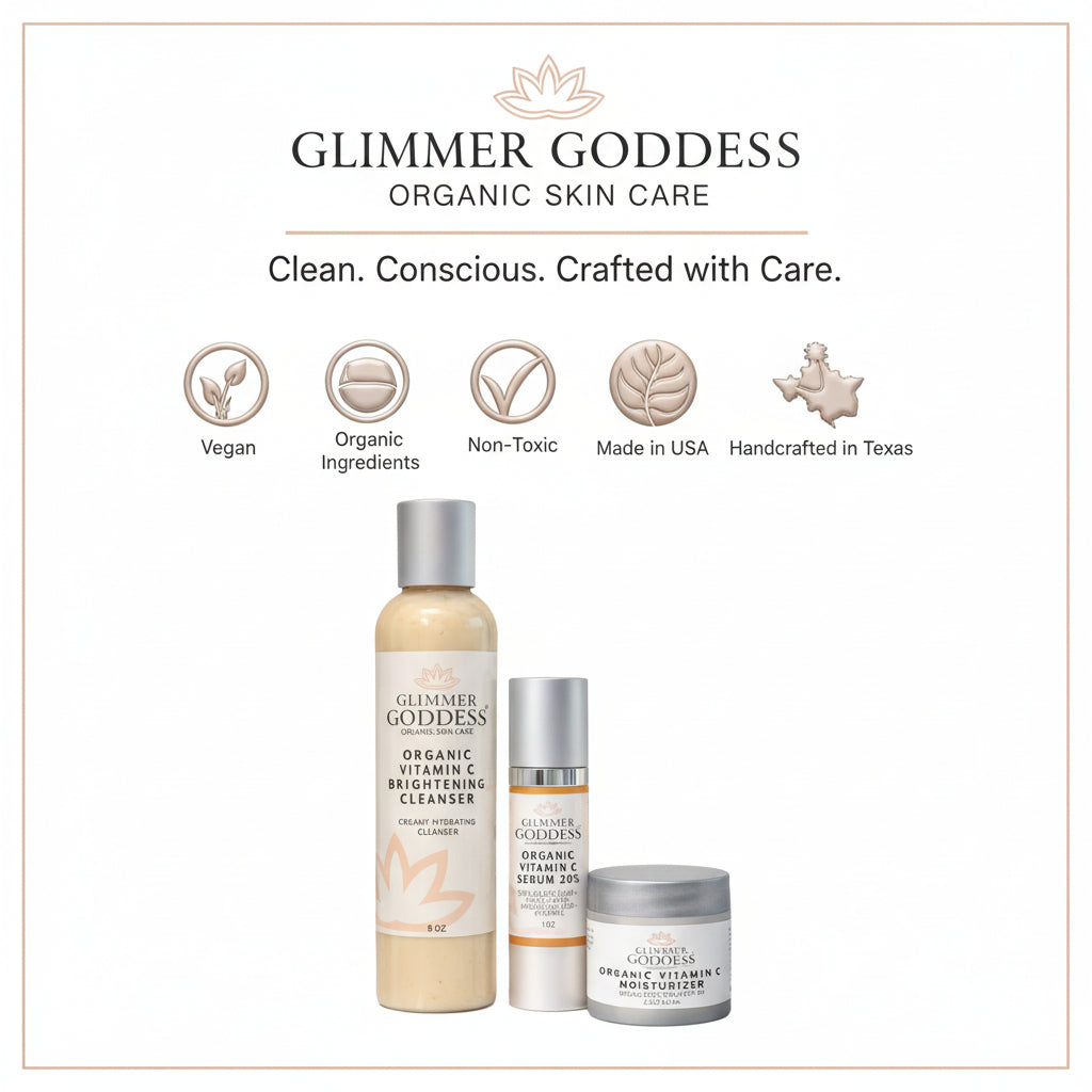 Trust and quality highlights including vegan, cruelty-free, organic ingredients, non-toxic, made in the USA, and SPF 30 for the Glimmer Goddess Morning Glow Routine.