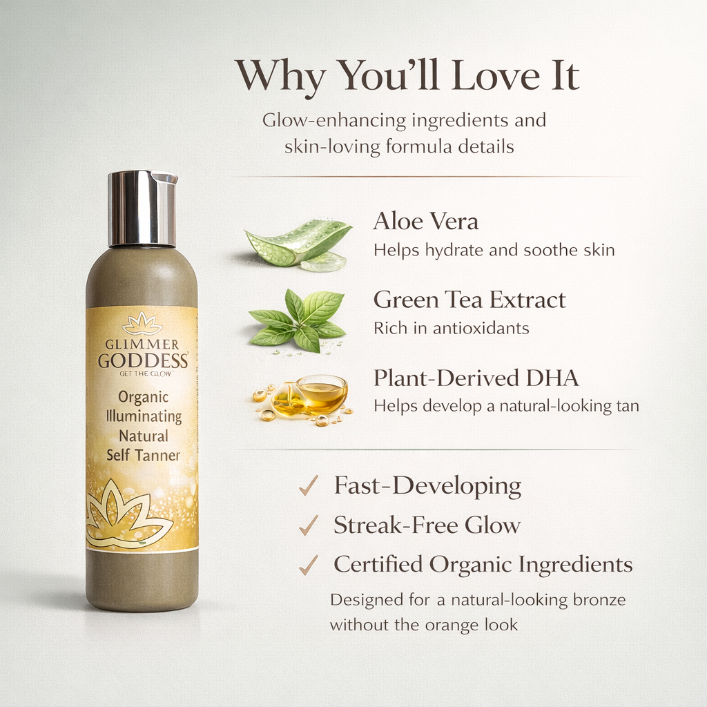 Glimmer Goddess® Organic Self Tanner with a bronzed glow, showcasing a natural tan application on skin for a fast-developing bronze look.