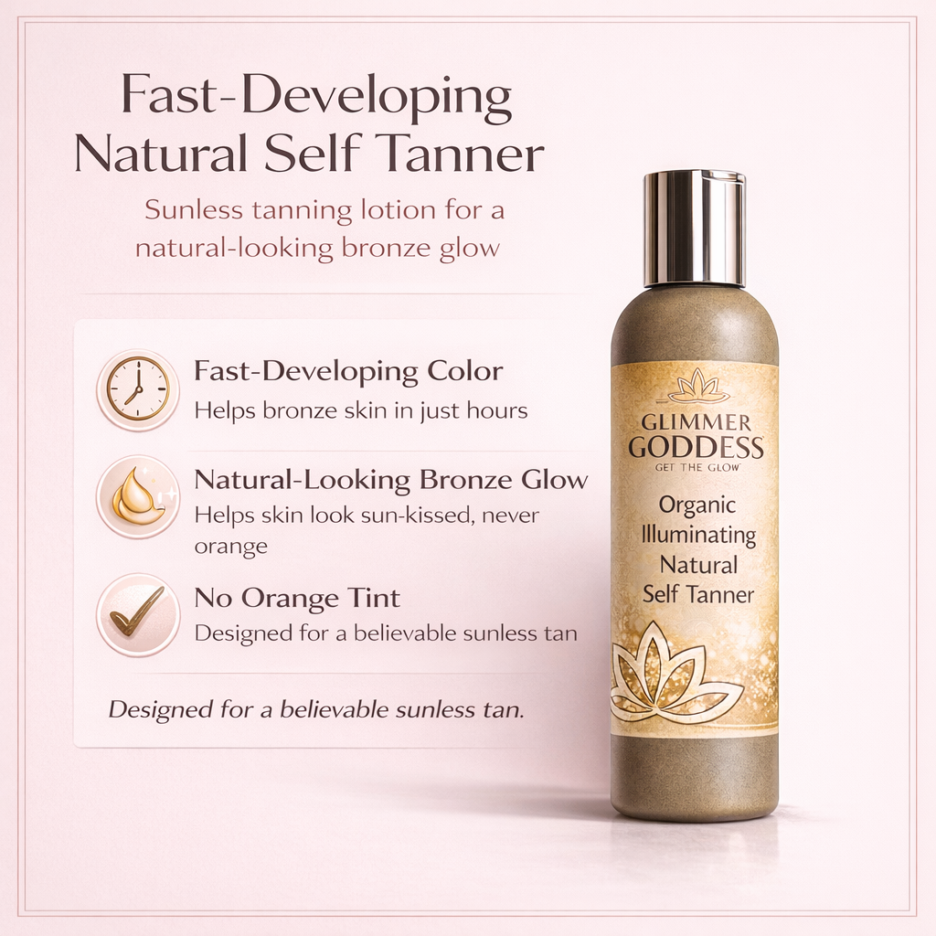 Glimmer Goddess Organic Self Tanner with fast-developing bronze glow, showing a bottle of natural self-tanner product.