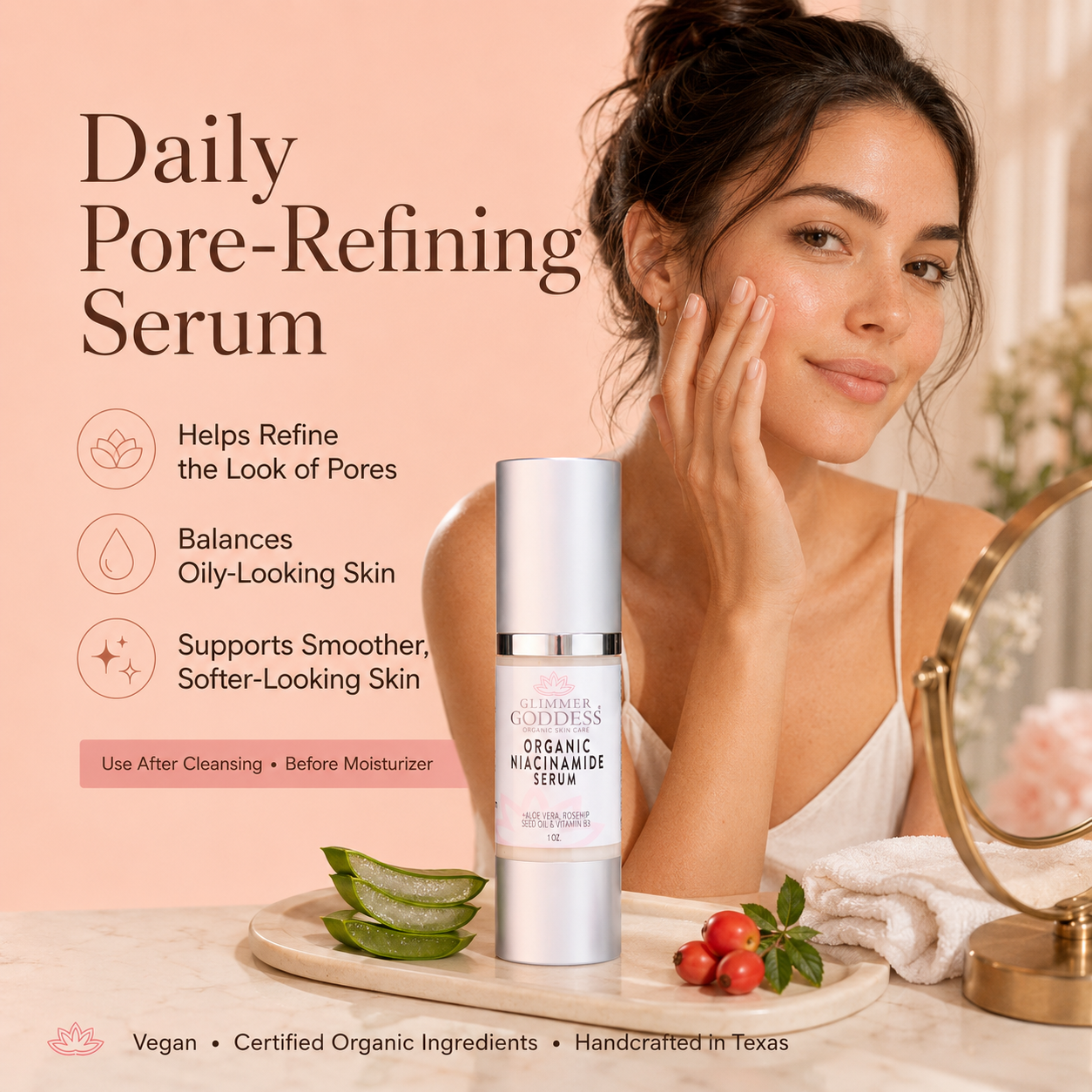 Dropper with clear serum in a glass bottle, showcasing Glimmer Goddess® Organic Niacinamide Serum 5% for pore minimization and anti-aging.