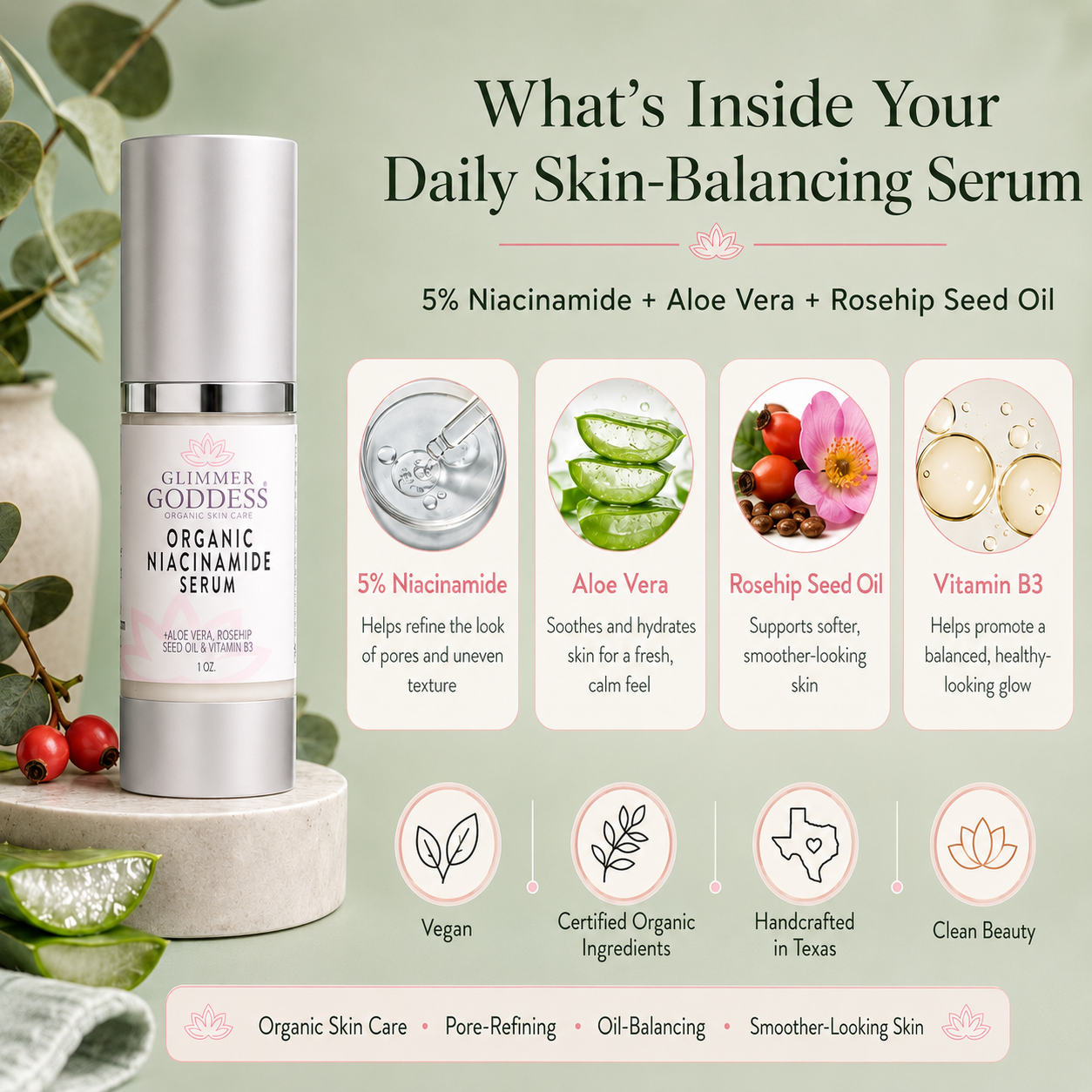 Dropper with Glimmer Goddess Organic Niacinamide Serum 5% for pore minimization and anti-aging skin care treatment.