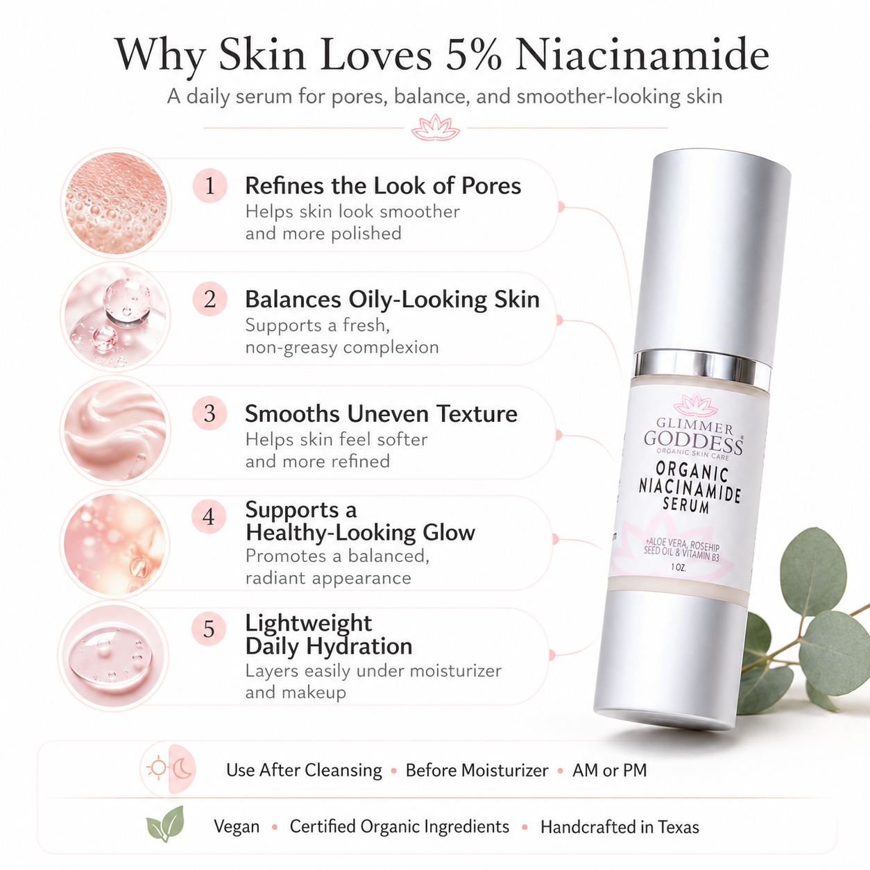 Dropper bottle of Glimmer Goddess Organic Niacinamide Serum 5% for pore minimization and anti-aging skincare.