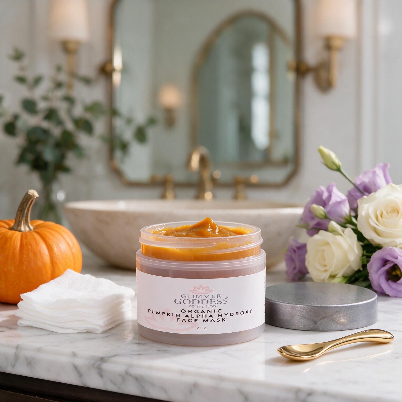 A jar of Ceremonial Goddess Organic Pumpkin Face Mask sits on a marble bathroom counter with a white towel, a small pumpkin, flowers, and a gold spoon, with a blurred bathroom sink and mirror in the background.