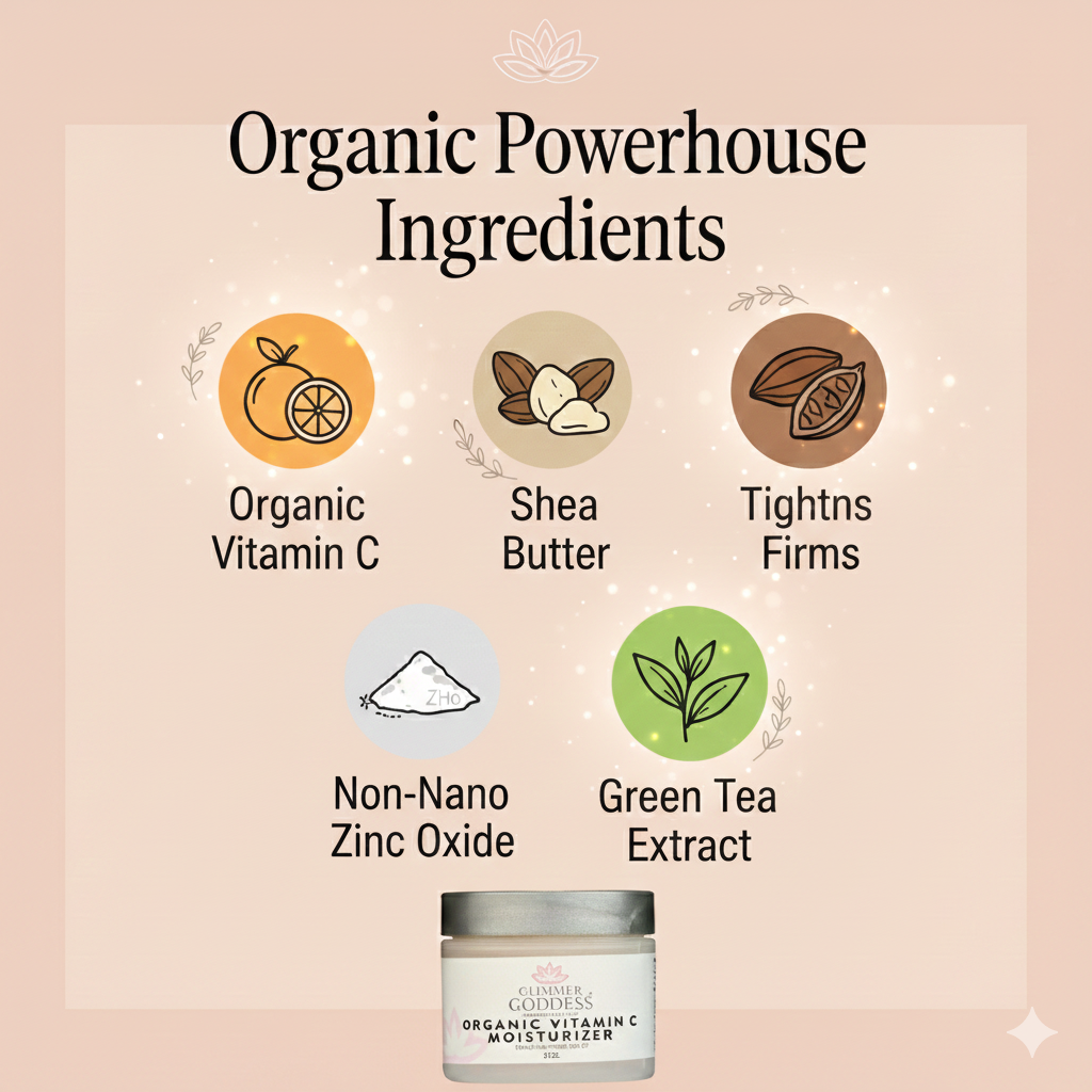 Organic Vitamin C Daily Moisturizer SPF 30 by Glimmer Goddess® Organic Skin Care with brightening ingredients and a creamy texture.