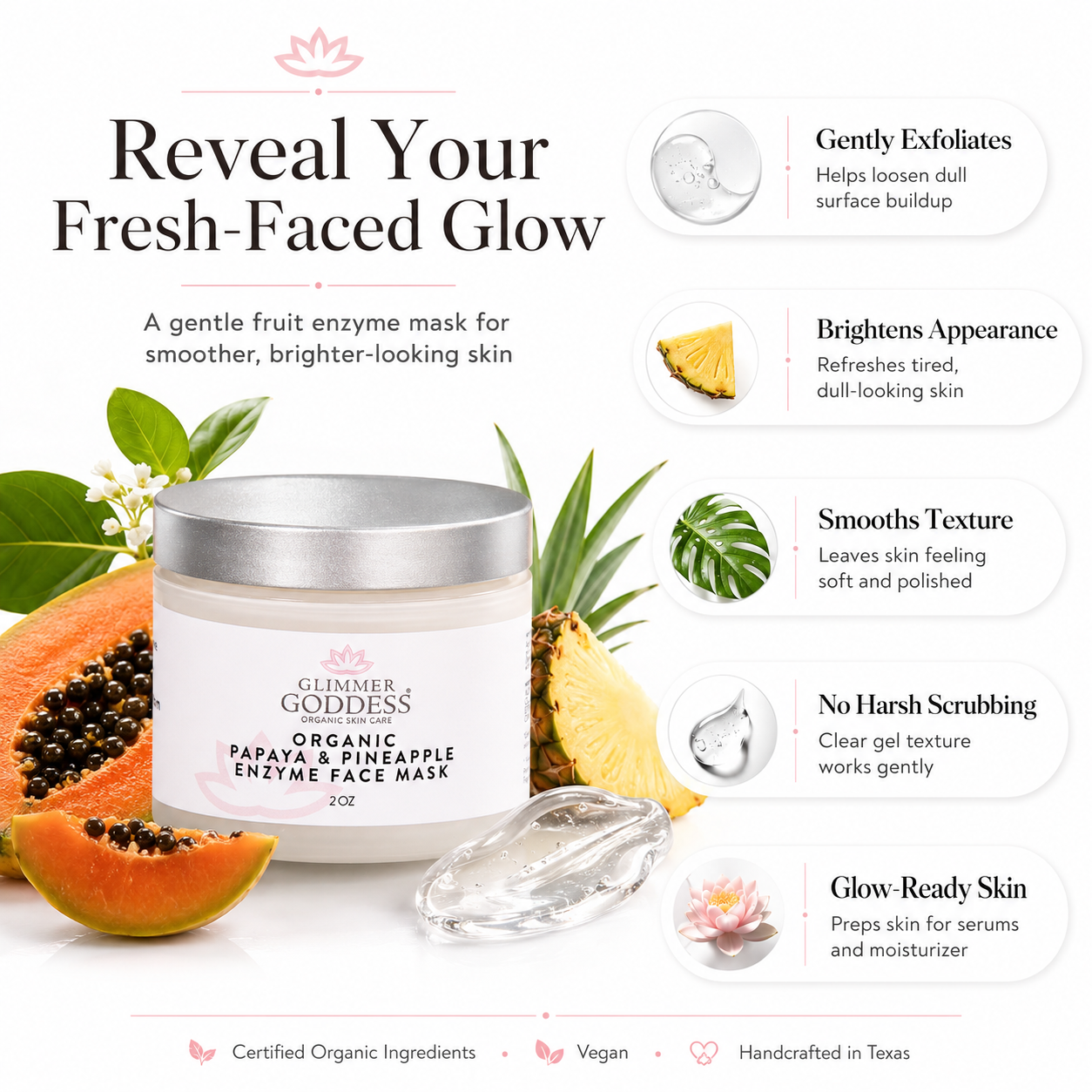 Organic papaya and pineapple enzyme face mask by Glimmer Goddess® for gentle exfoliating skincare treatment.