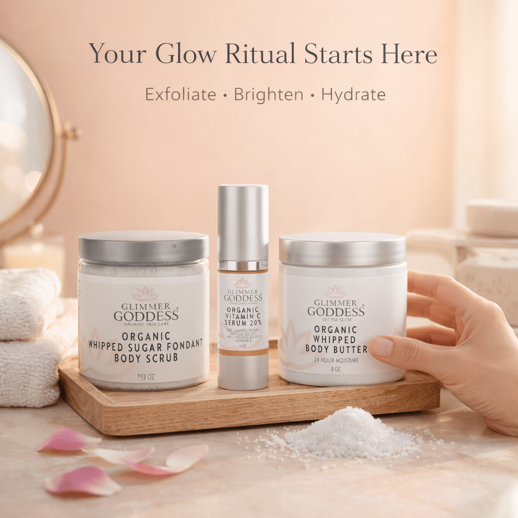 Glimmer Goddess Organic Skin Care Radiance Glow gift set with exfoliating, brightening, and hydrating skincare products in a gift pack.