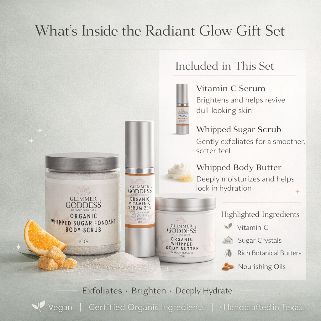 Glimmer Goddess Organic Skin Care Radiance Glow gift set with exfoliating, brightening, and hydrating skincare products in a gift pack.