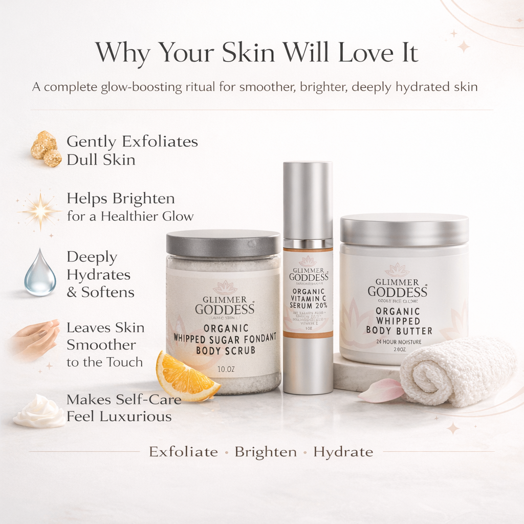 Glimmer Goddess Organic Skin Care Radiance Glow gift set with exfoliating, brightening, and hydrating skincare products in a gift pack