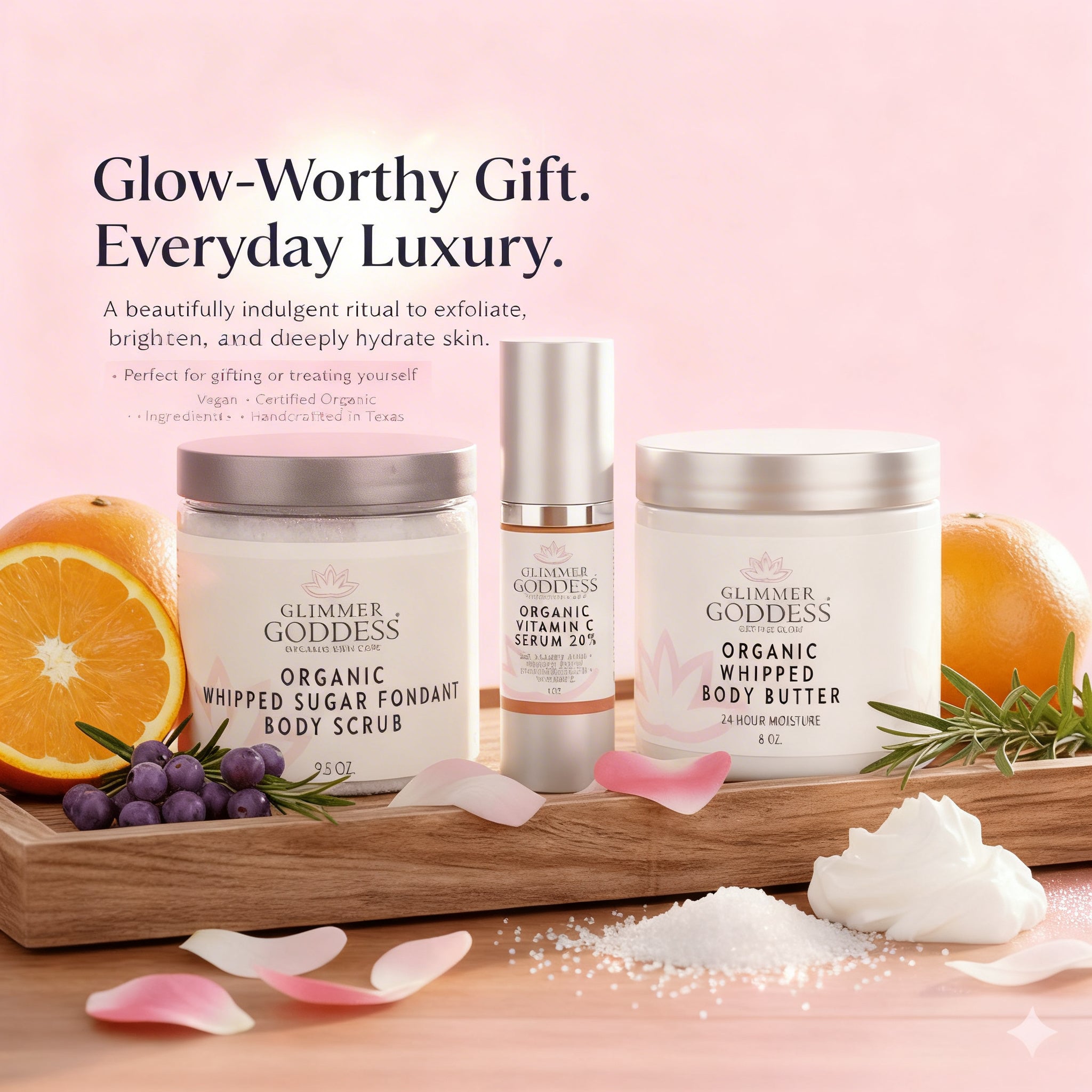 Glimmer Goddess Organic Skin Care Radiance Glow gift set with exfoliating, brightening, and hydrating skincare products in a gift pack.