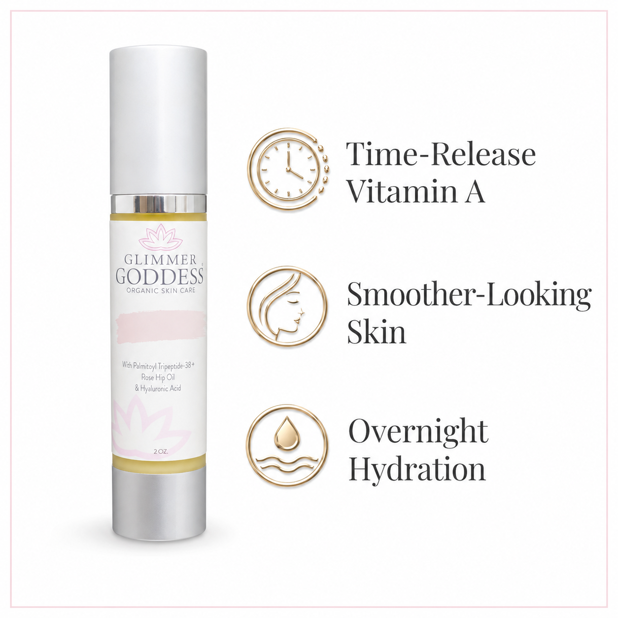 Glimmer Goddess Organic Skin Care roll-on bottle shown on a white background with three feature callouts: Time-Release Vitamin A, Smoother-Looking Skin, and Overnight Hydration.