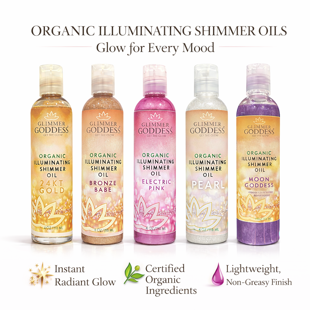 Organic Shimmer Oil – Illuminating Body Oil in 5 Shades for Radiant Glow & Deep Hydration - Glimmer Goddess® Organic Skin Care