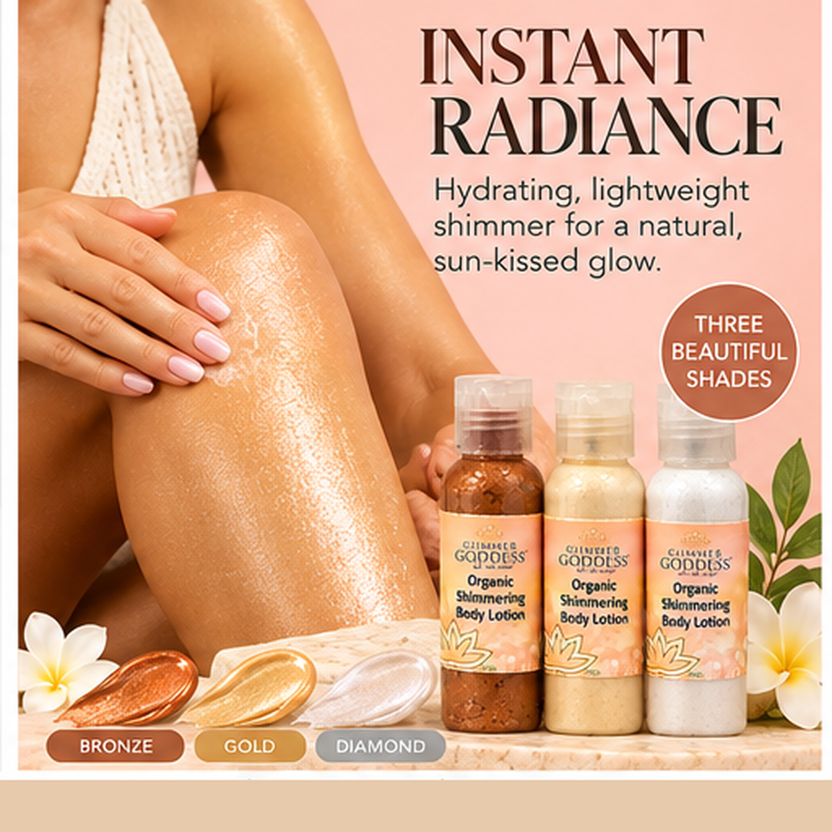 Woman applying Glimmer Goddess shimmer body lotion with Bronze, Gold and Diamond travel-size lotions on a peach background.