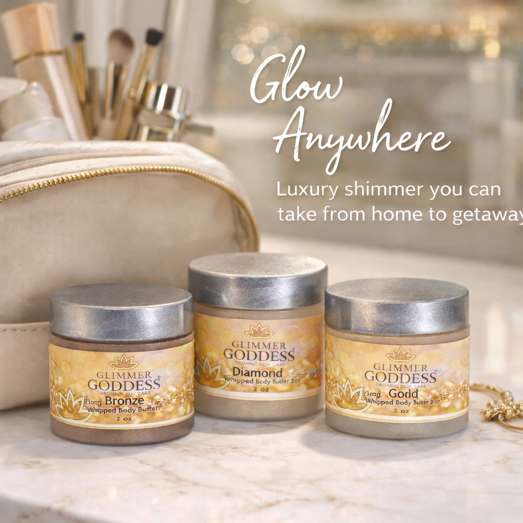 Three 2 oz containers of Glimmer Goddess Organic Skin Care shimmering body butter trio with natural, shimmering textures.