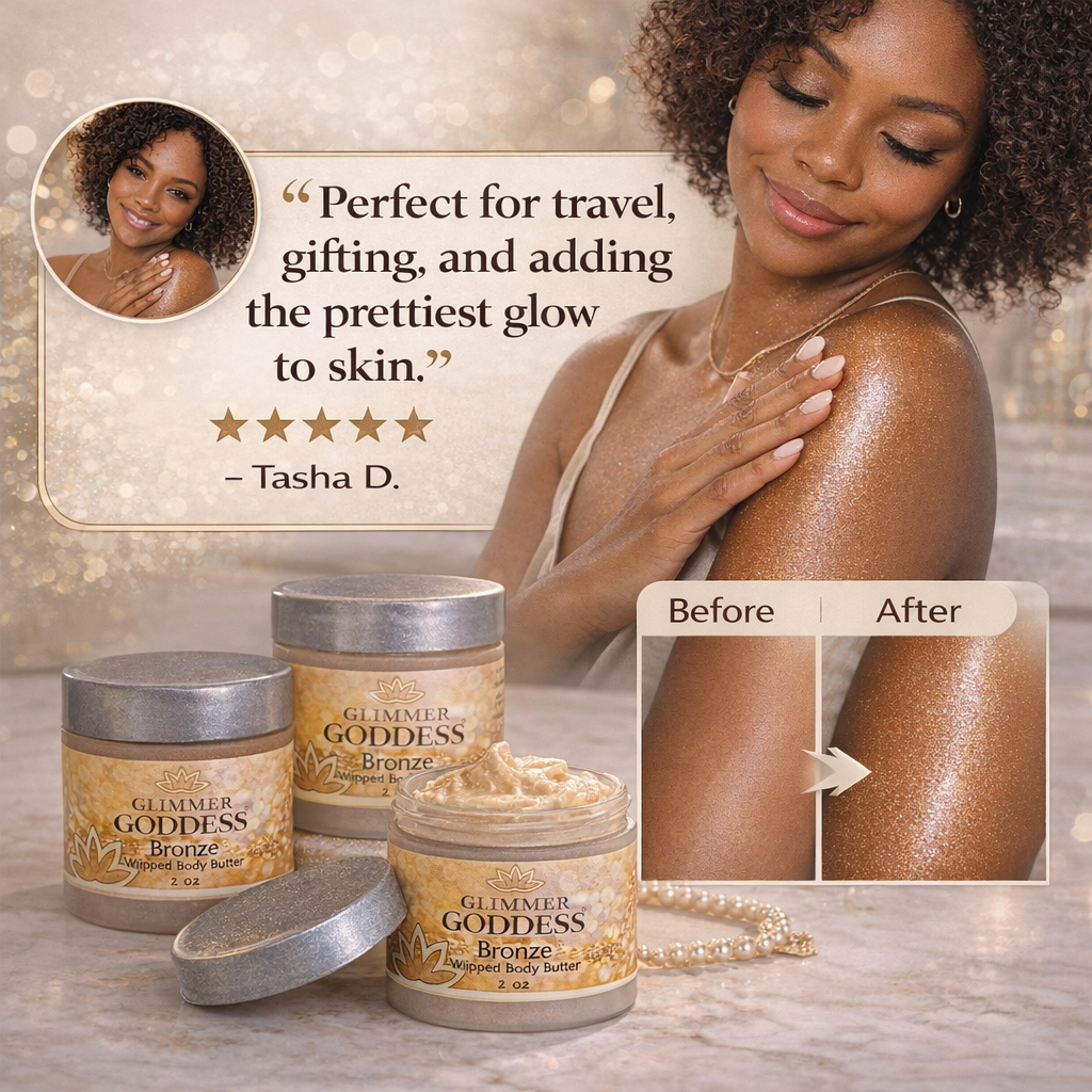 Glimmer Goddess Organic Skin Care shimmering body butter trio with three 2 oz travel-sized jars showing shimmering, moisturizing body butter.