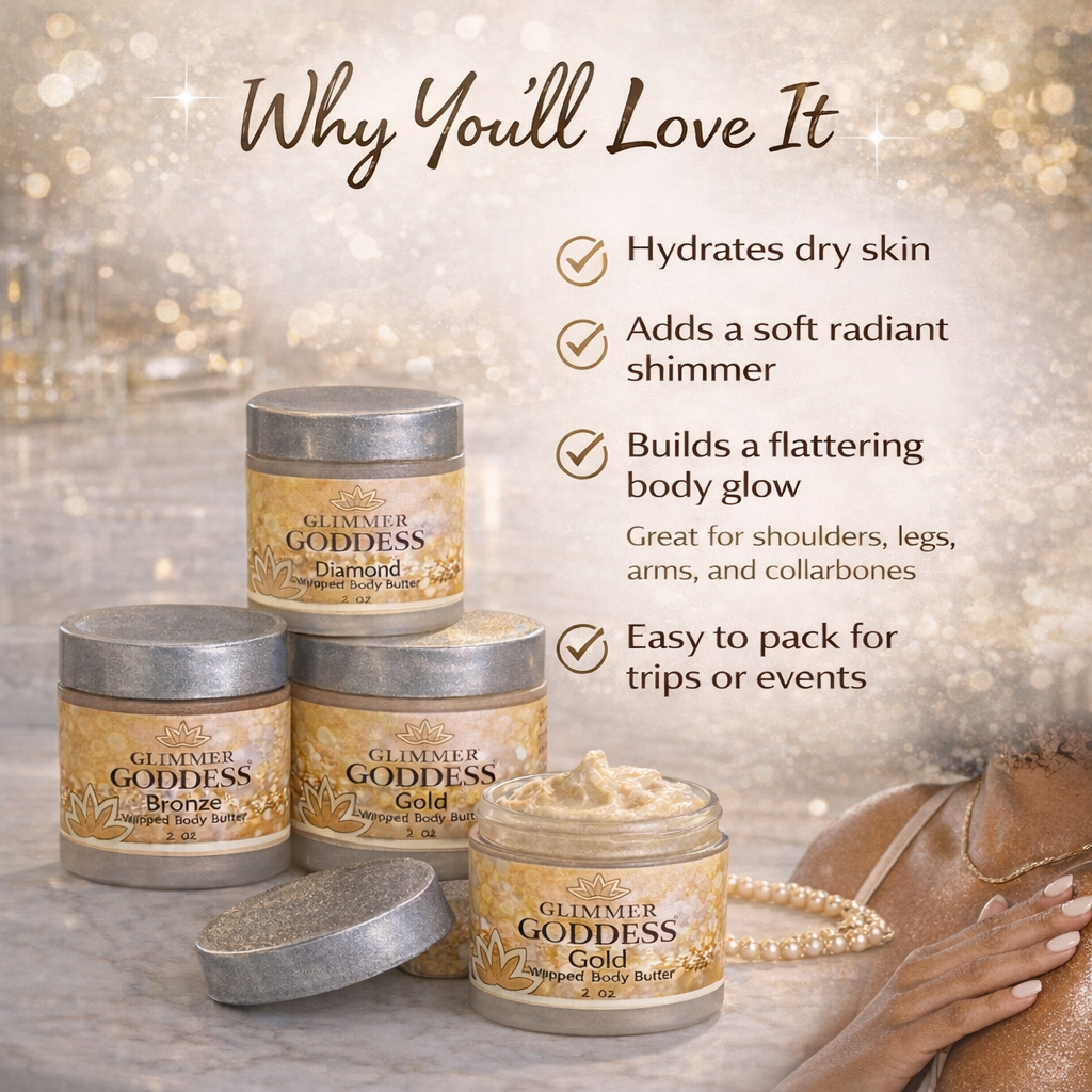 Set of three 2 oz organic shimmering body butters by Glimmer Goddess® Organic Skin Care, featuring glowing, radiant skin in a travel set.