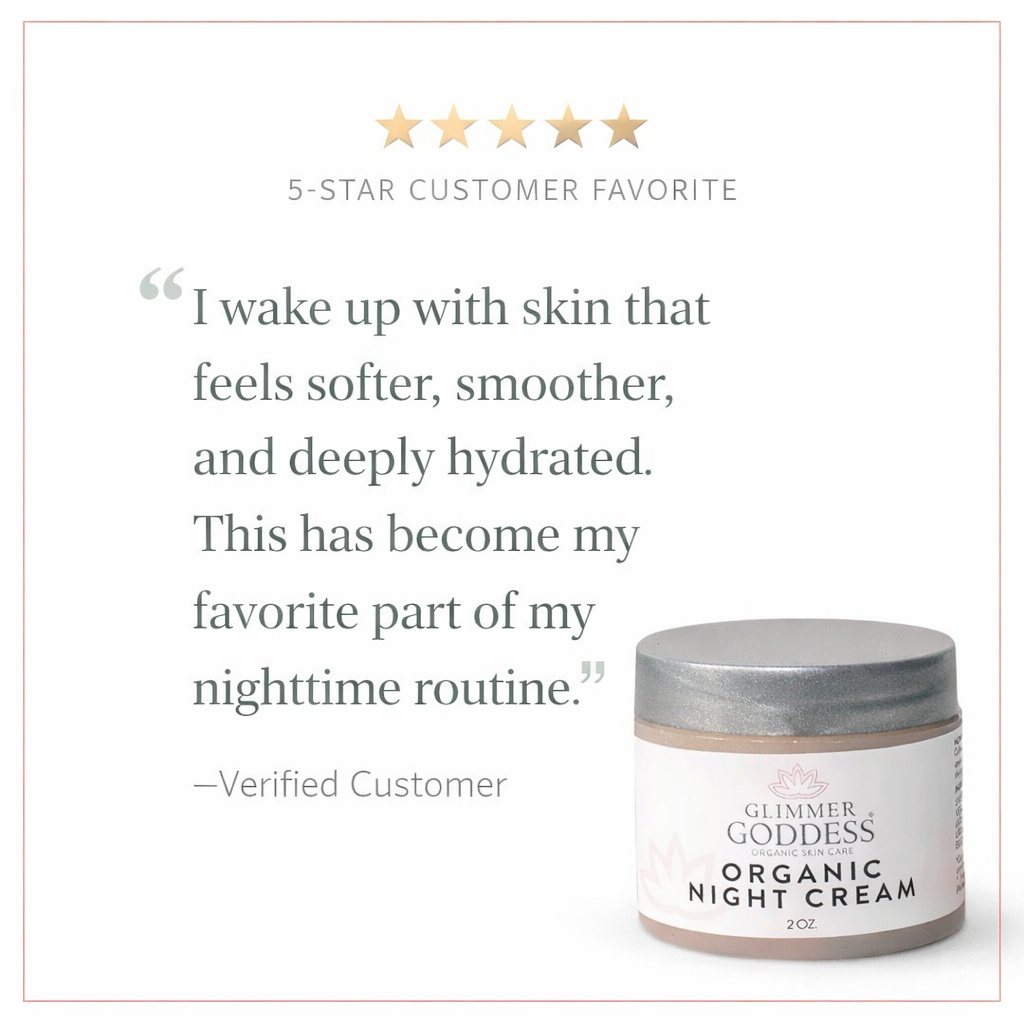 Glimmer Goddess® Organic Skin Renewal Night Cream in 2 oz jar, anti-aging moisturizer for rejuvenated, youthful skin.