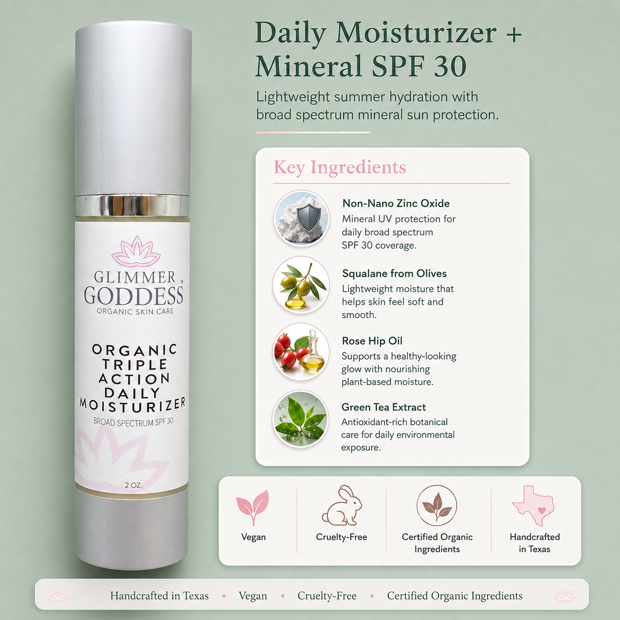 Organic SPF 30 triple action daily moisturizer by Glimmer Goddess® Organic Skin Care, with a fresh summer-themed design.
