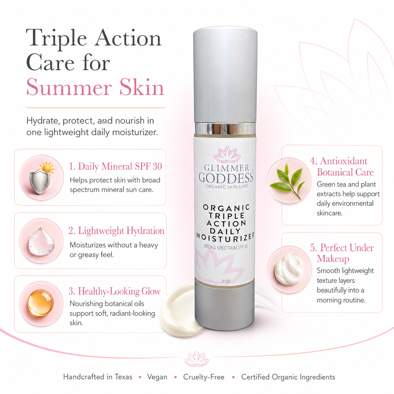 Organic SPF 30 moisturizer from Glimmer Goddess® with triple action formula, featuring smooth texture and natural ingredients.