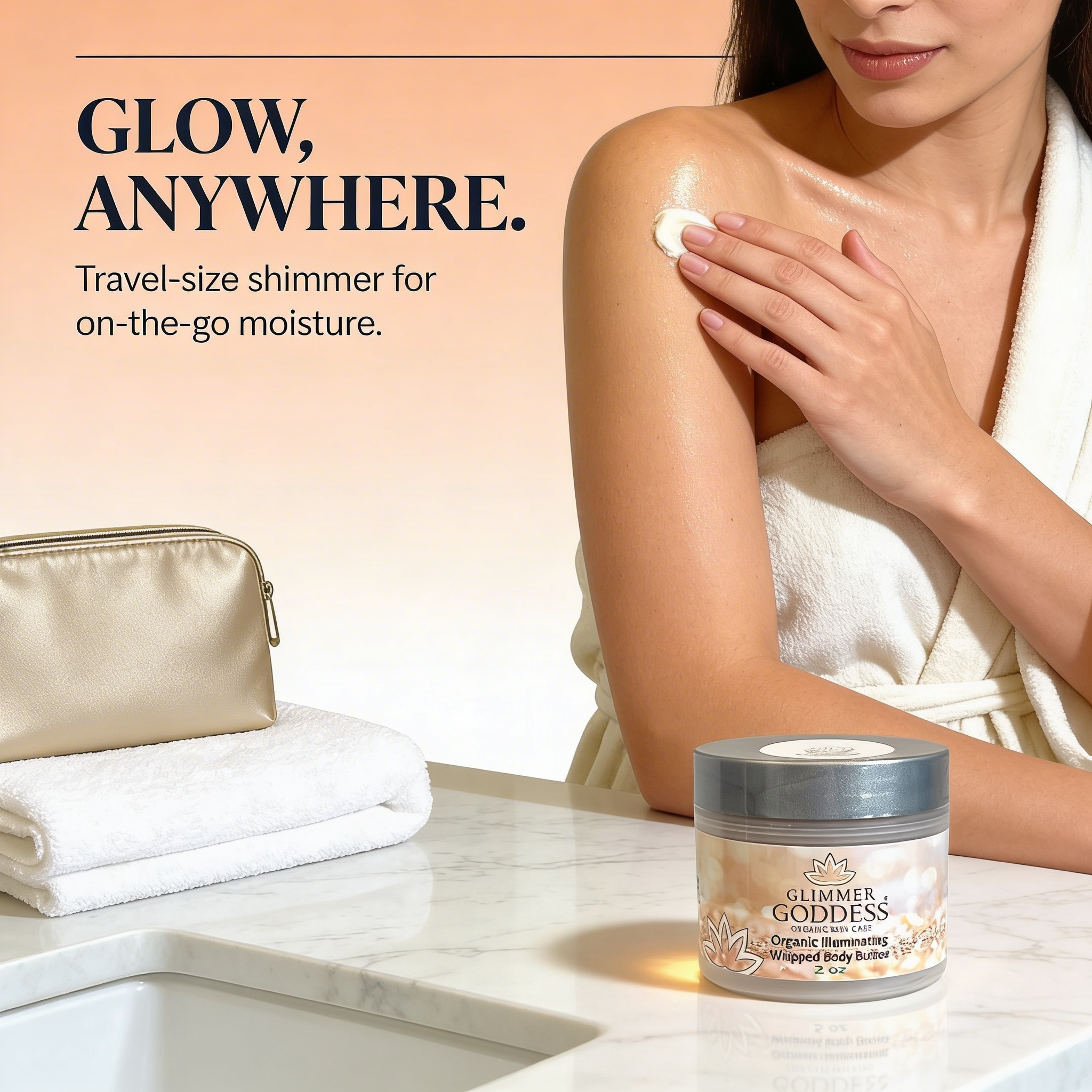 Travel-sized Glimmer Goddess® Organic Shimmer Body Butter in 2 oz jar with shimmering, moisturizing formula for glowing skin.