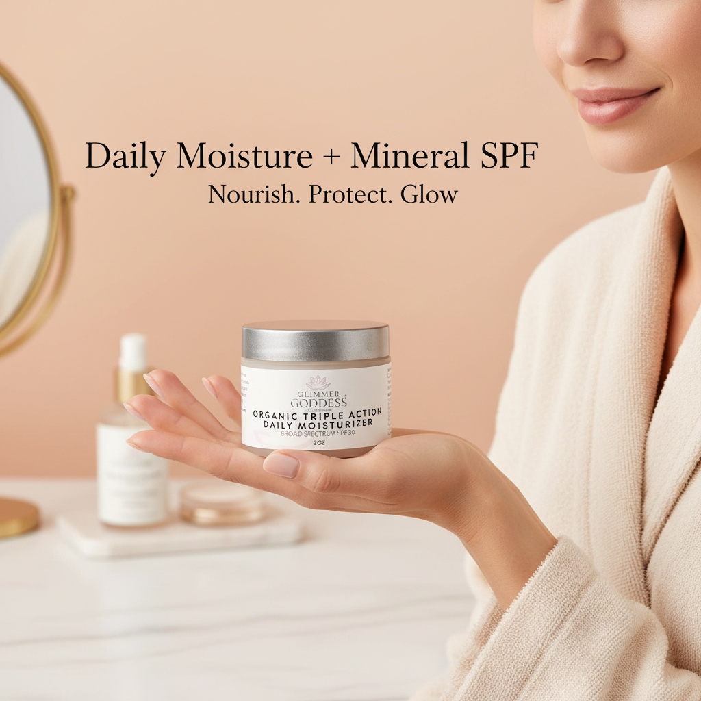 Glimmer Goddess Organic Triple Action Daily Moisturizer with SPF 30 in a jar, featuring a smooth, creamy texture for skincare.