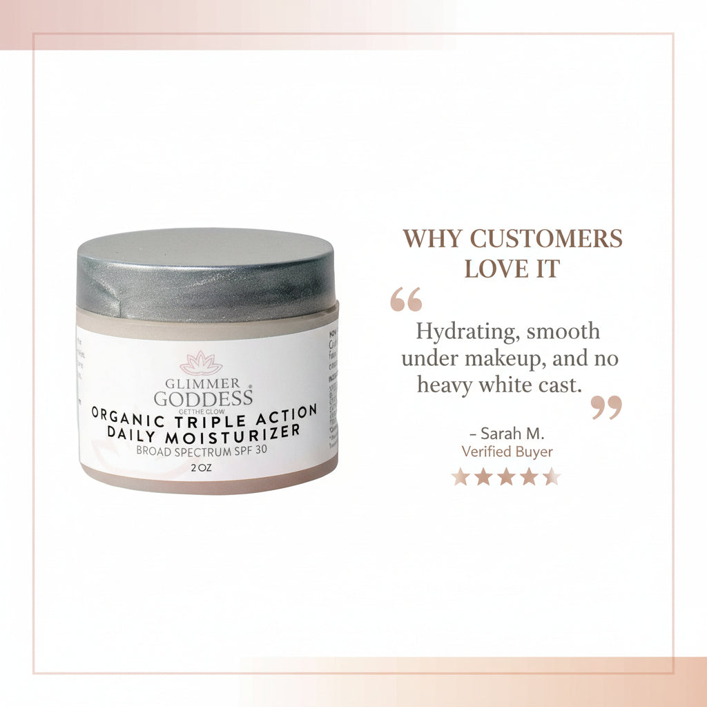 Organic SPF 30 moisturizer jar by Glimmer Goddess® with a white and gold label and a beige lid, displaying the Triple Action Daily Moisturizer.
