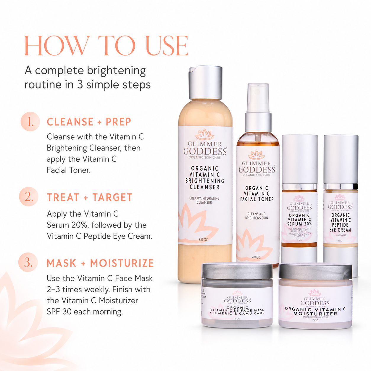 Glimmer Goddess Brightening Routine skincare set with six products arranged on a white background next to a 'HOW TO USE' instruction graphic detailing a three-step brightening routine.
