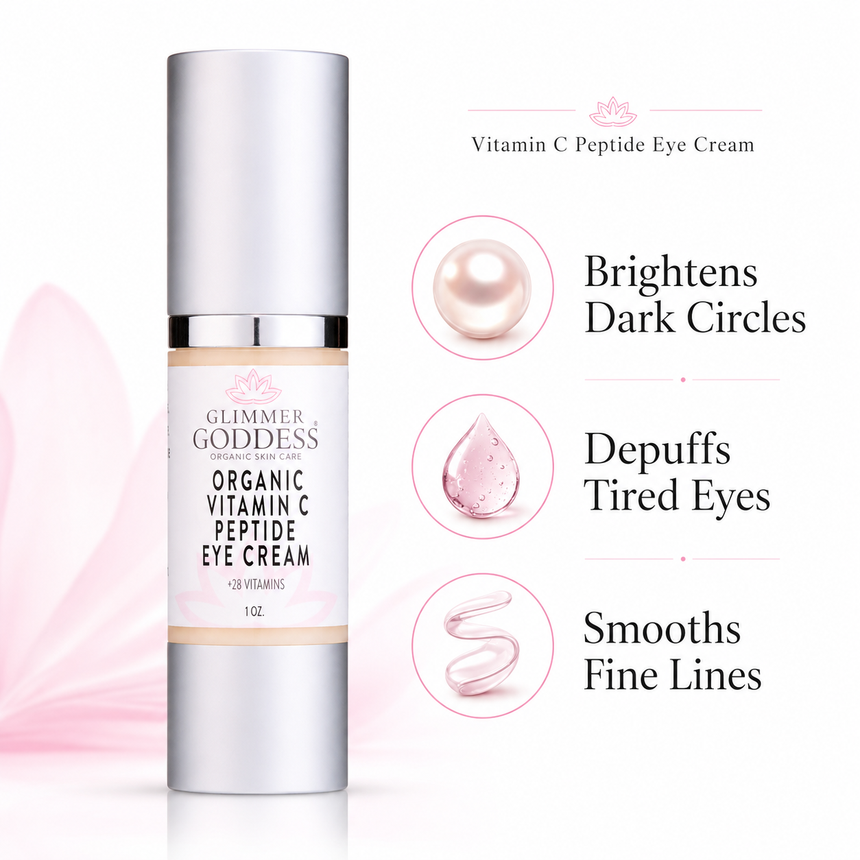 Glimmer Goddess Vitamin C Peptide Eye Cream bottle with product benefits on a white background