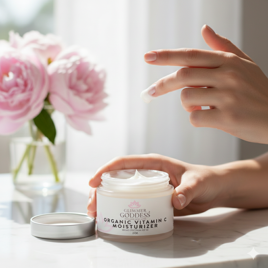 Organic Vitamin C Daily Moisturizer SPF 30 by Glimmer Goddess® Organic Skin Care, showing a jar of brightening face cream with SPF.