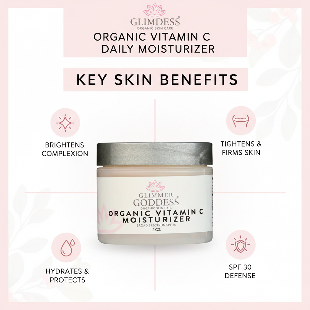 Organic Vitamin C Daily Moisturizer SPF 30 by Glimmer Goddess® Organic Skin Care, featuring brightening formula in a jar with a pump.