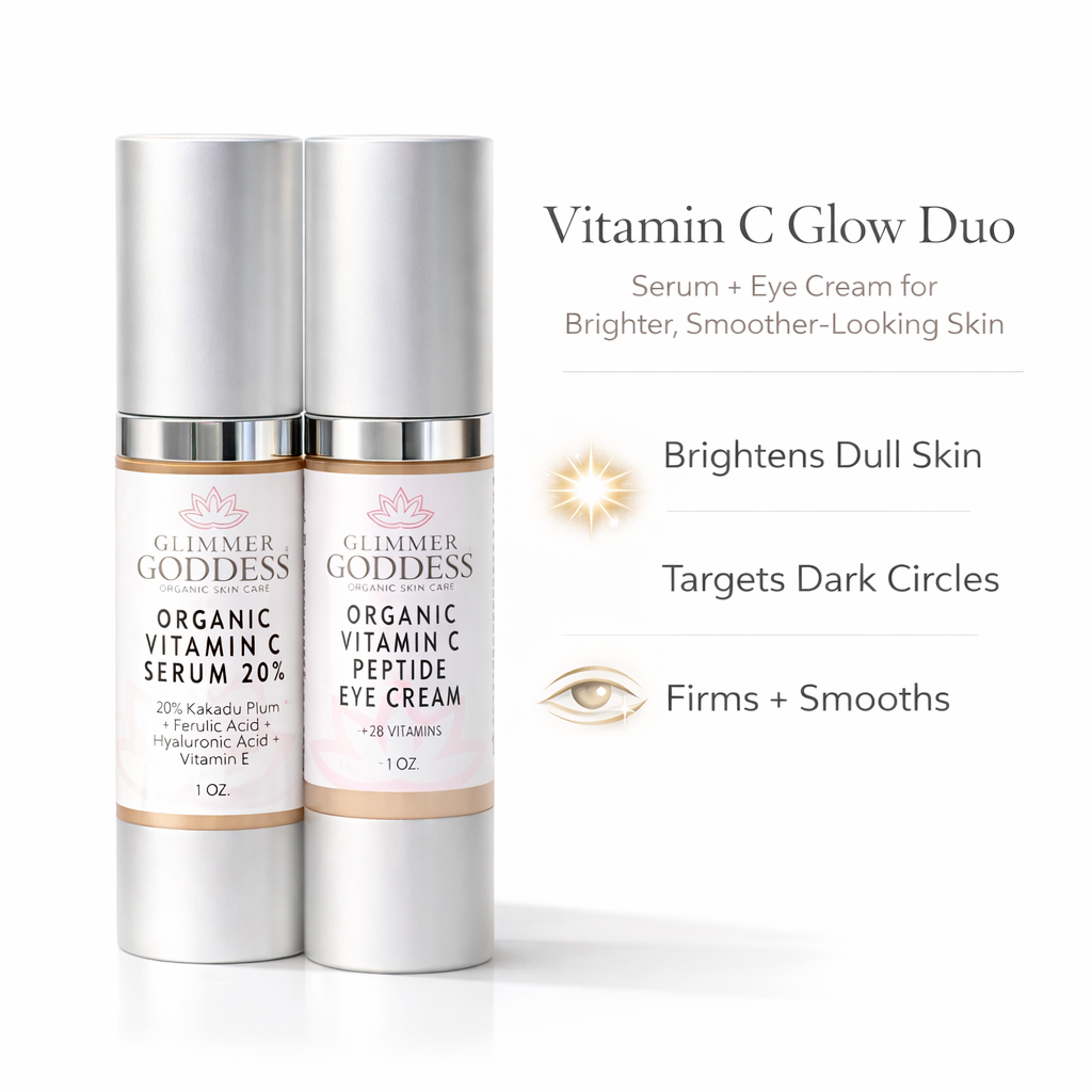 Organic Vitamin C Glow Duo with 20% Vitamin C and peptide eye serum from Glimmer Goddess® Organic Skin Care, shown in a hero shot.