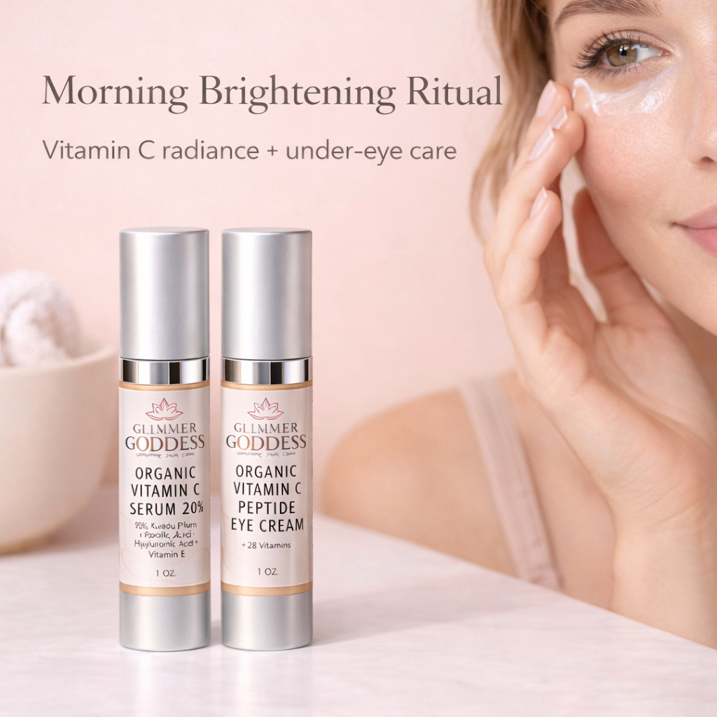 Glimmer Goddess Organic Vitamin C Glow Duo shown in a luxury morning skincare setting with the real serum and eye cream bottles, styled with a subtle human element on a soft peach background.