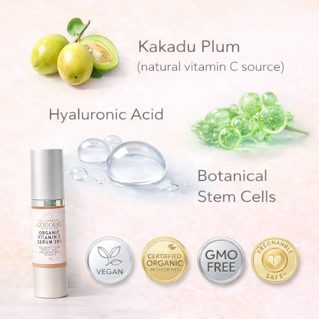 Vitamin C serum benefits infographic showing brightening, collagen support, hydration, and skin tone improvement